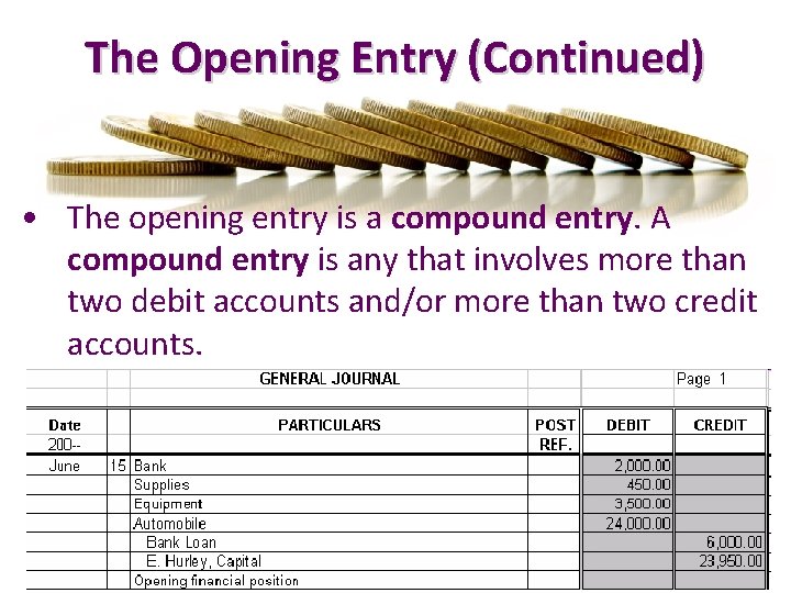 The Opening Entry (Continued) • The opening entry is a compound entry. A compound