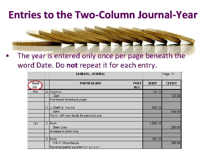 Entries to the Two-Column Journal-Year • The year is entered only once per page