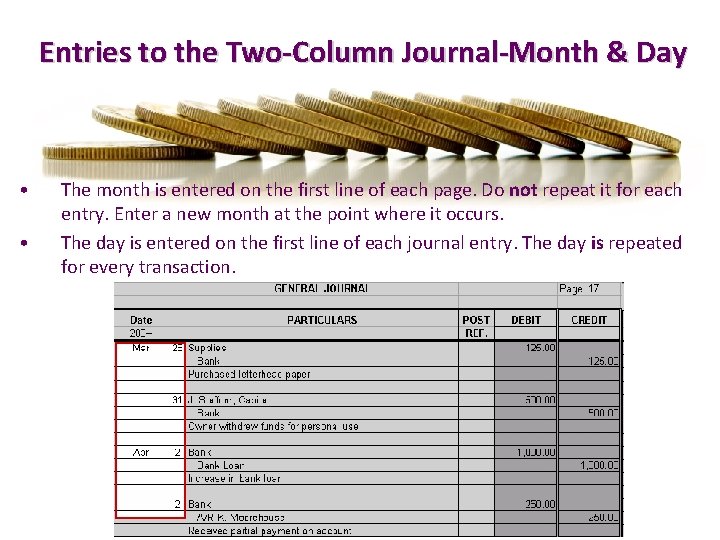  Entries to the Two-Column Journal-Month & Day • • The month is entered