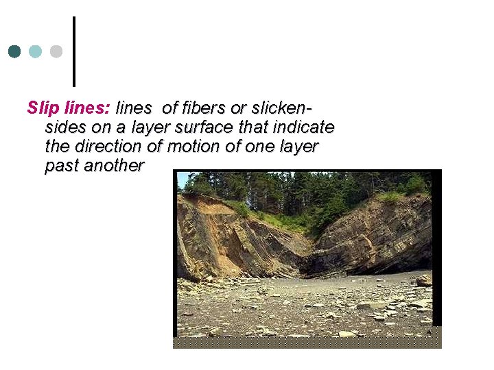 Slip lines: lines of fibers or slickensides on a layer surface that indicate the