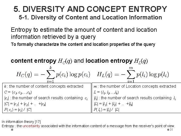 5. DIVERSITY AND CONCEPT ENTROPY 5 -1. Diversity of Content and Location Information Entropy