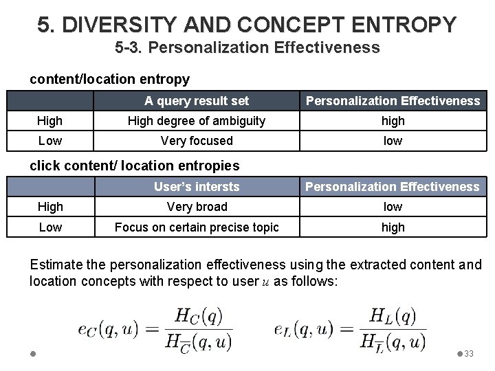5. DIVERSITY AND CONCEPT ENTROPY 5 -3. Personalization Effectiveness content/location entropy A query result