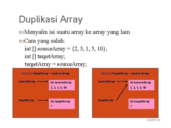 Duplikasi Array Menyalin isi suatu array ke array yang lain Cara yang salah: int