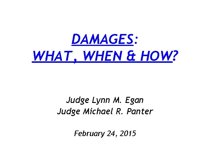 DAMAGES: WHAT, WHEN & HOW? Judge Lynn M. Egan Judge Michael R. Panter February