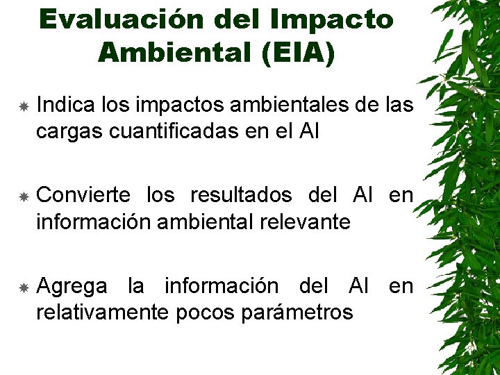 Evaluación del Impacto Ambiental (EIA) Indica los impactos ambientales de las cargas cuantificadas en