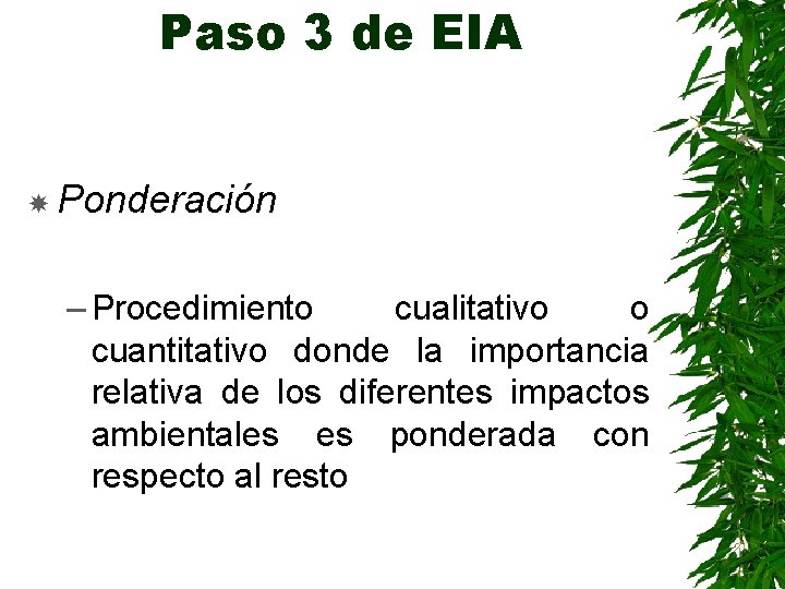 Paso 3 de EIA Ponderación – Procedimiento cualitativo o cuantitativo donde la importancia relativa