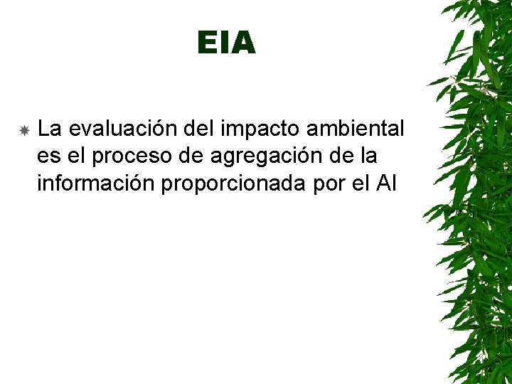 EIA La evaluación del impacto ambiental es el proceso de agregación de la información