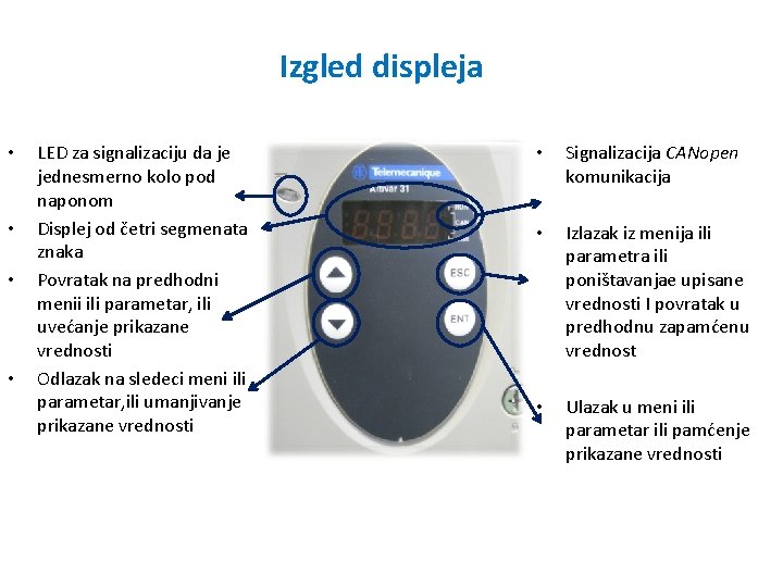 Izgled displeja • • LED za signalizaciju da je jednesmerno kolo pod naponom Displej