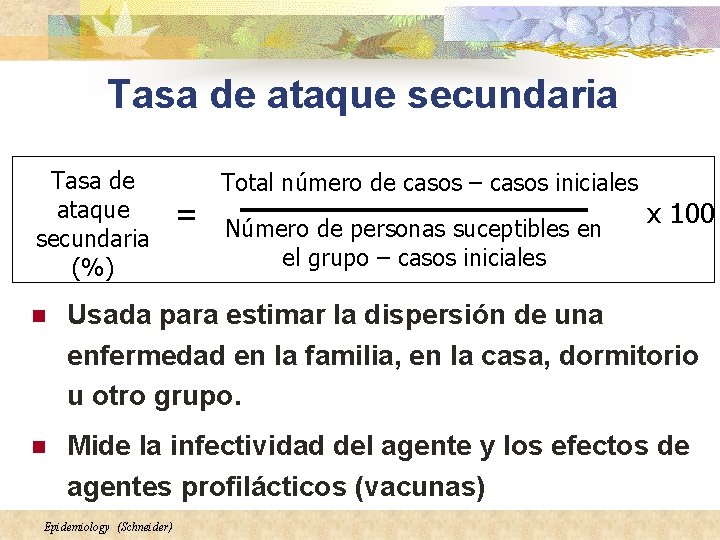 Tasa de ataque secundaria (%) = Total número de casos – casos iniciales Número