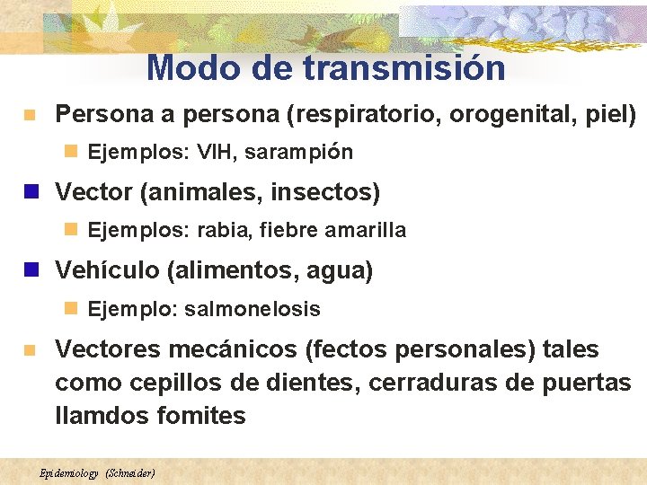 Modo de transmisión n Persona a persona (respiratorio, orogenital, piel) n Ejemplos: VIH, sarampión Modo de transmisión n Persona a persona (respiratorio, orogenital, piel) n Ejemplos: VIH, sarampión