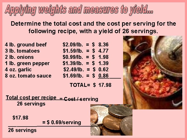 Determine the total cost and the cost per serving for the following recipe, with