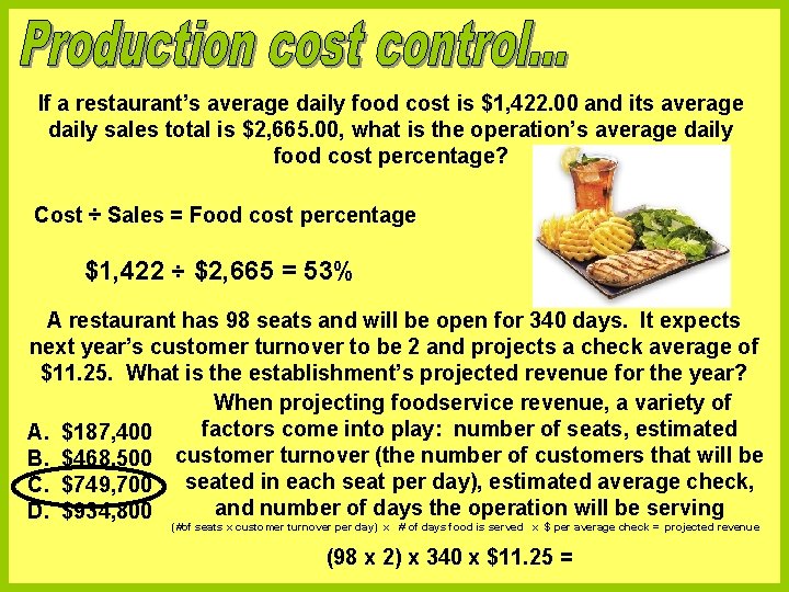 If a restaurant’s average daily food cost is $1, 422. 00 and its average