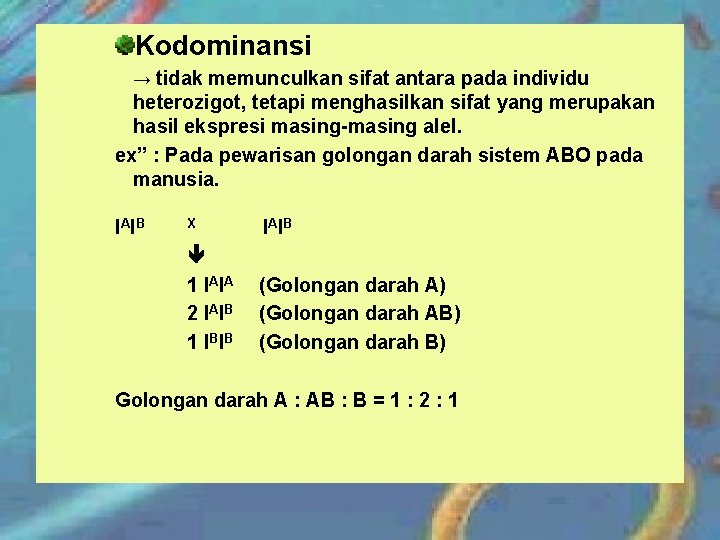 Kodominansi → tidak memunculkan sifat antara pada individu heterozigot, tetapi menghasilkan sifat yang merupakan