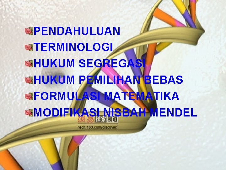 PENDAHULUAN TERMINOLOGI HUKUM SEGREGASI HUKUM PEMILIHAN BEBAS FORMULASI MATEMATIKA MODIFIKASI NISBAH MENDEL 