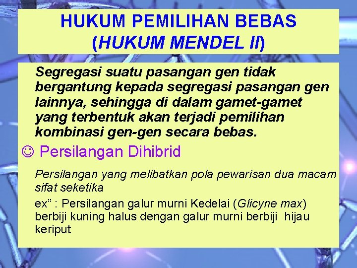 HUKUM PEMILIHAN BEBAS (HUKUM MENDEL II) Segregasi suatu pasangan gen tidak bergantung kepada segregasi