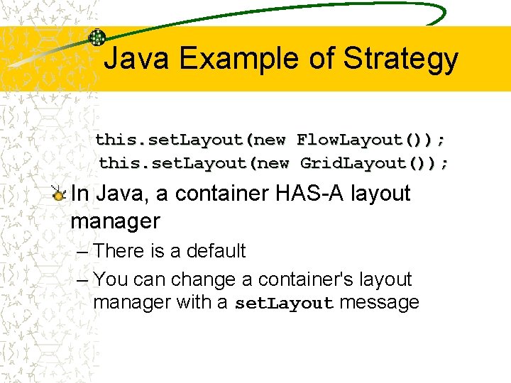 Java Example of Strategy this. set. Layout(new Flow. Layout()); this. set. Layout(new Grid. Layout());