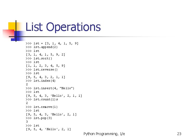 List Operations >>> >>> [3, >>> [1, >>> >>> [9, >>> 2 >>> [9,