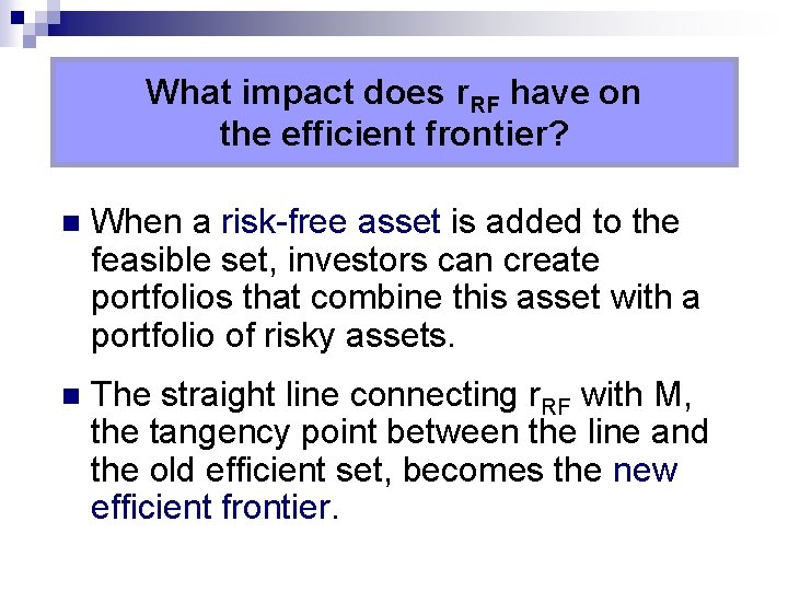 What impact does r. RF have on the efficient frontier? n When a risk-free
