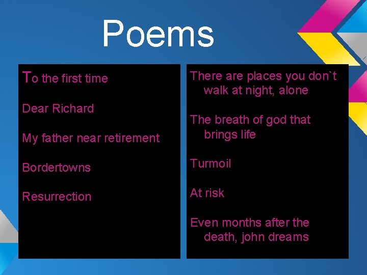  Poems To the first time Dear Richard There are places you don`t walk