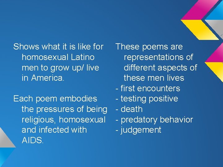 Shows what it is like for homosexual Latino men to grow up/ live in