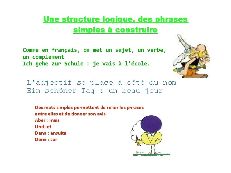 Une structure logique, des phrases simples à construire Comme en français, on met un
