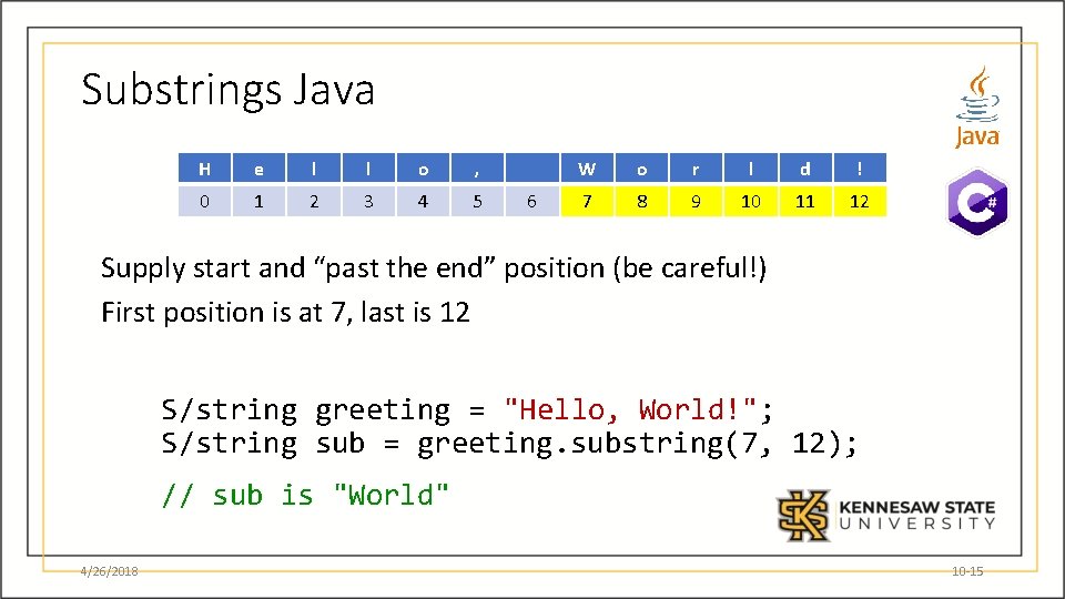 Substrings Java H e l l o , 0 1 2 3 4 5
