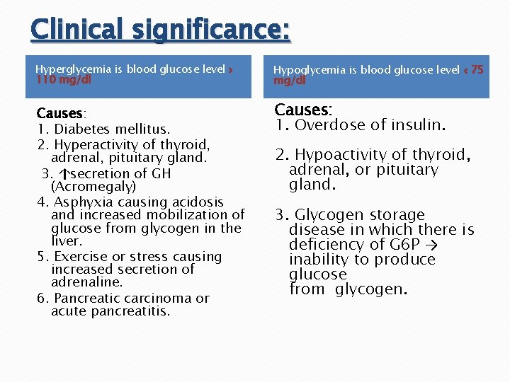 Clinical significance: Hyperglycemia is blood glucose level › 110 mg/dl Hypoglycemia is blood glucose