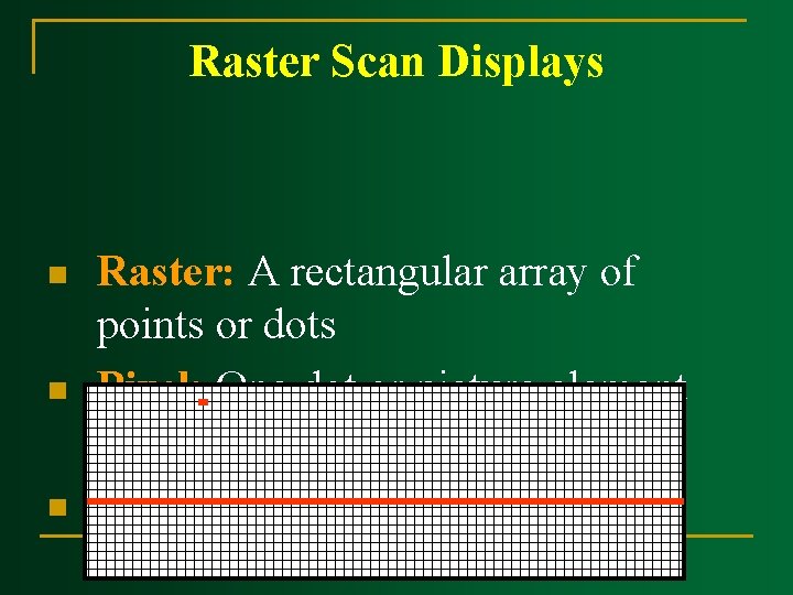 Raster Scan Displays n n n Raster: A rectangular array of points or dots Raster Scan Displays n n n Raster: A rectangular array of points or dots