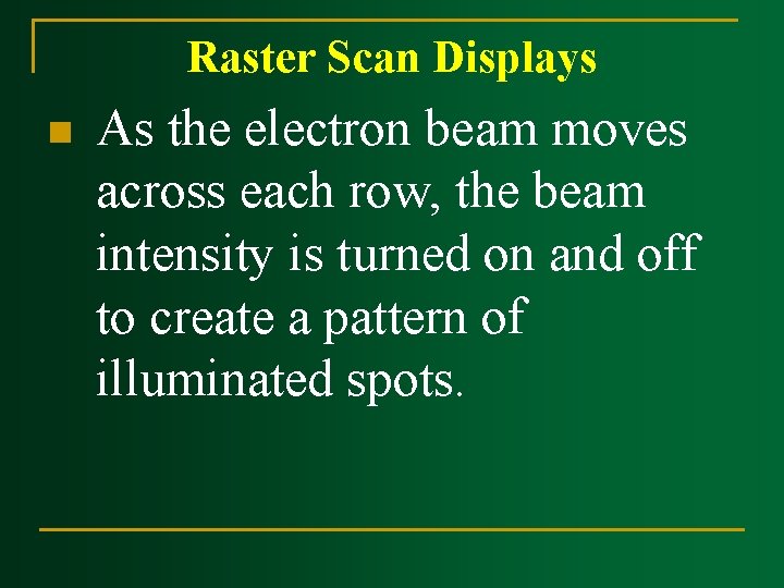 Raster Scan Displays n As the electron beam moves across each row, the beam Raster Scan Displays n As the electron beam moves across each row, the beam