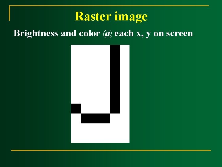 Raster image Brightness and color @ each x, y on screen Raster image Brightness and color @ each x, y on screen