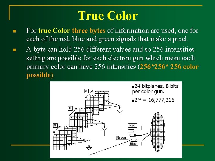 True Color n n For true Color three bytes of information are used, one True Color n n For true Color three bytes of information are used, one