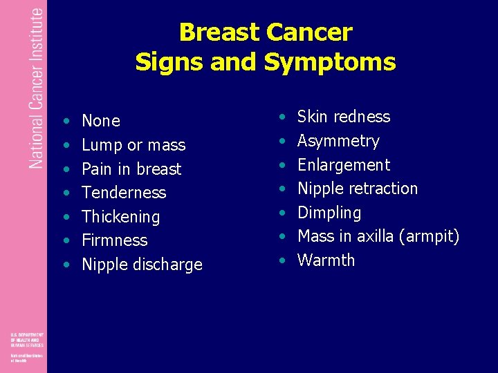 Breast Cancer Signs and Symptoms • • None Lump or mass Pain in breast