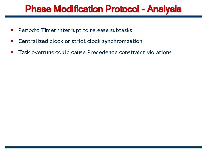 Phase Modification Protocol - Analysis § Periodic Timer interrupt to release subtasks § Centralized