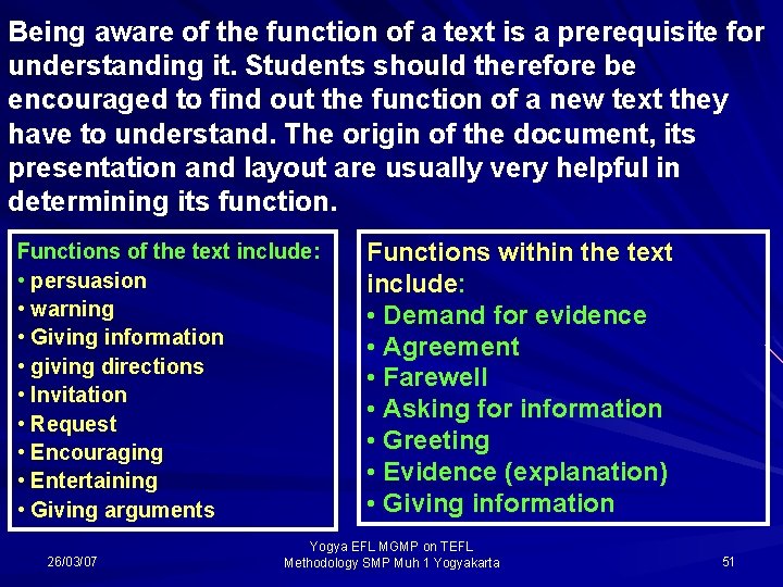 Being aware of the function of a text is a prerequisite for understanding it.