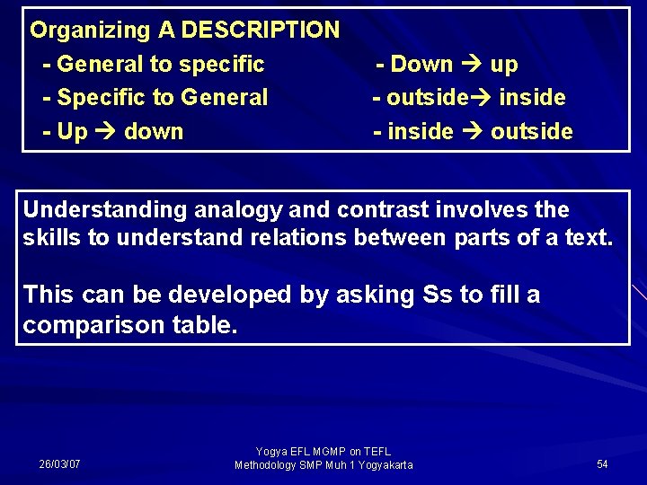 Organizing A DESCRIPTION - General to specific - Specific to General - Up down