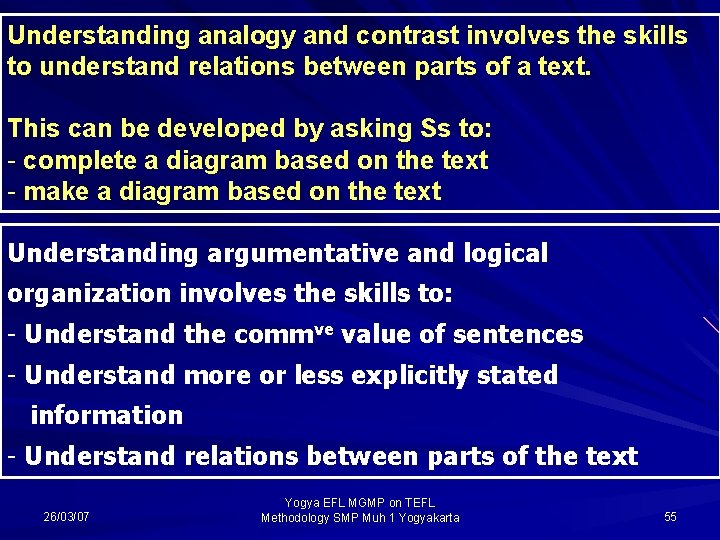 Understanding analogy and contrast involves the skills to understand relations between parts of a