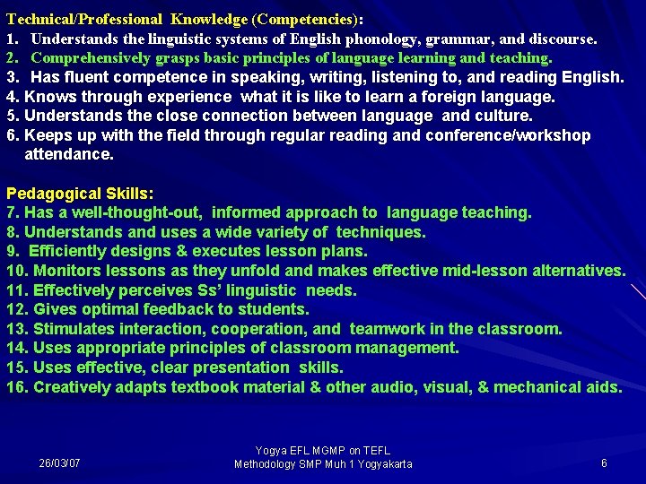 Technical/Professional Knowledge (Competencies): 1. Understands the linguistic systems of English phonology, grammar, and discourse.