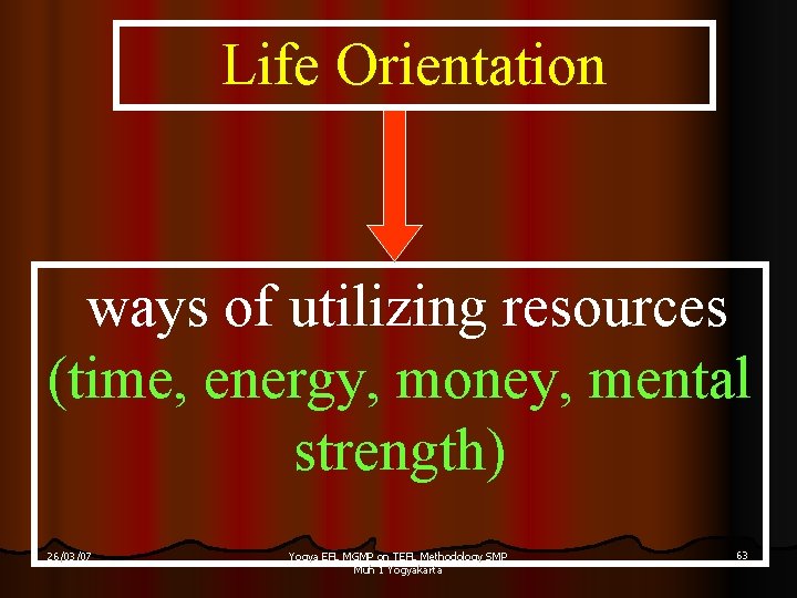 Life Orientation ways of utilizing resources (time, energy, money, mental strength) 26/03/07 Yogya EFL