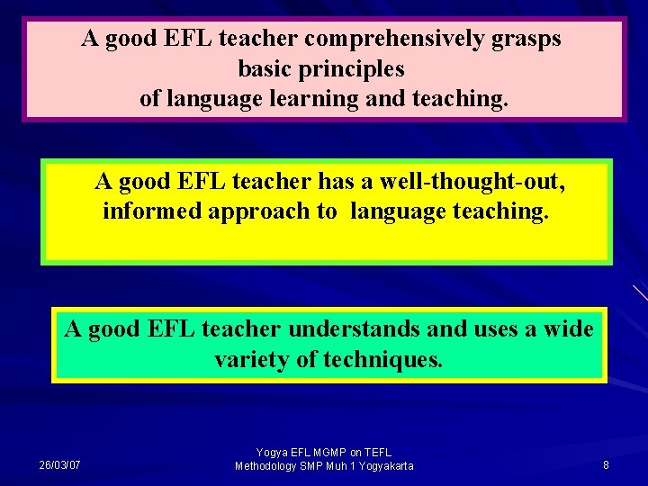 A good EFL teacher comprehensively grasps basic principles of language learning and teaching. A