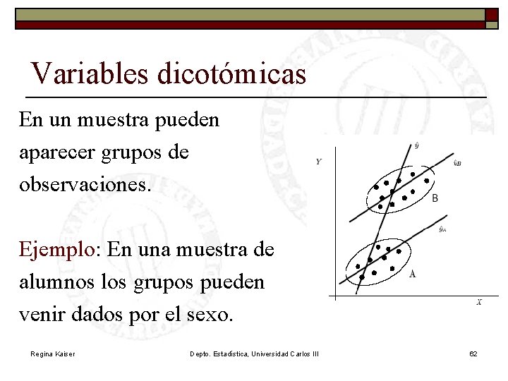 Variables dicotómicas En un muestra pueden aparecer grupos de observaciones. Ejemplo: En una muestra