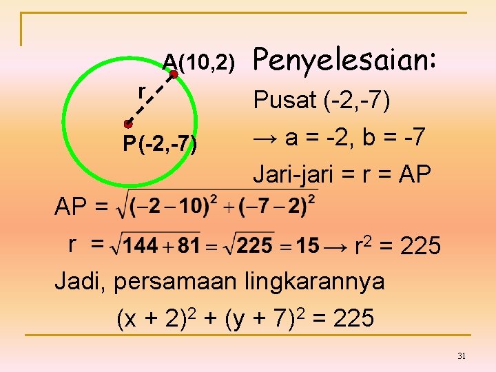 A(10, 2) r P(-2, -7) Penyelesaian: Pusat (-2, -7) → a = -2, b