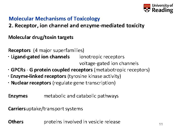 Molecular Mechanisms of Toxicology 2. Receptor, ion channel and enzyme-mediated toxicity Molecular drug/toxin targets