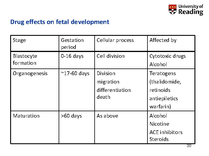 Drug effects on fetal development Stage Gestation period Cellular process Affected by Blastocyte formation