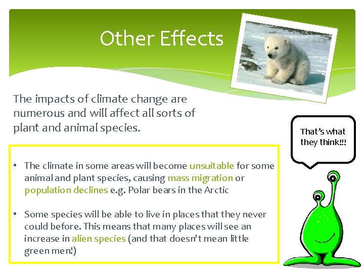 Other Effects The impacts of climate change are numerous and will affect all sorts