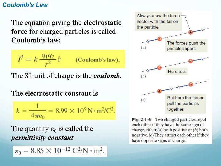 Coulomb’s Law The equation giving the electrostatic force for charged particles is called Coulomb’s