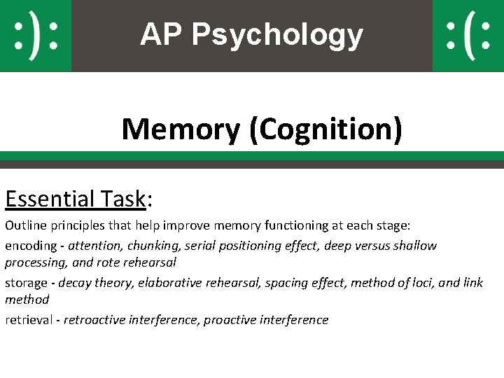 AP Psychology Memory (Cognition) Essential Task: Outline principles that help improve memory functioning at