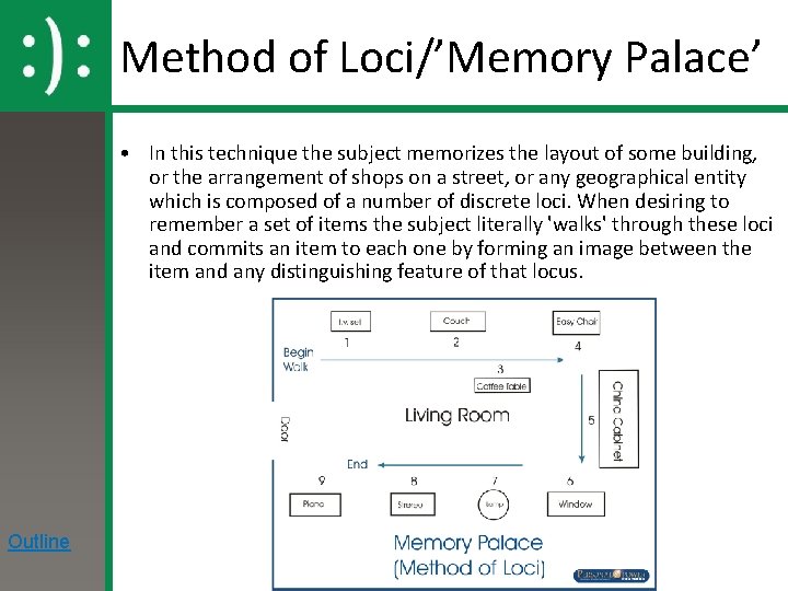 Method of Loci/’Memory Palace’ • In this technique the subject memorizes the layout of
