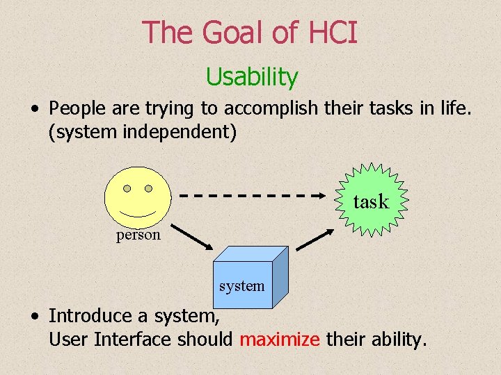 The Goal of HCI Usability • People are trying to accomplish their tasks in The Goal of HCI Usability • People are trying to accomplish their tasks in