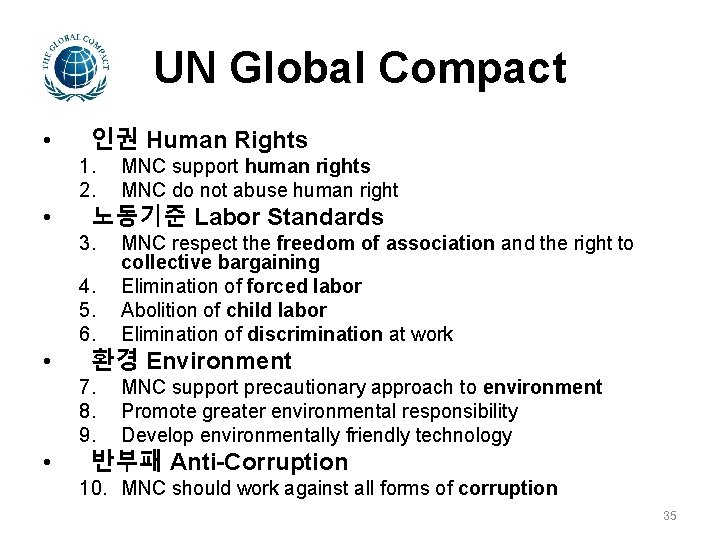 UN Global Compact • • 인권 Human Rights 1. 2. MNC support human rights