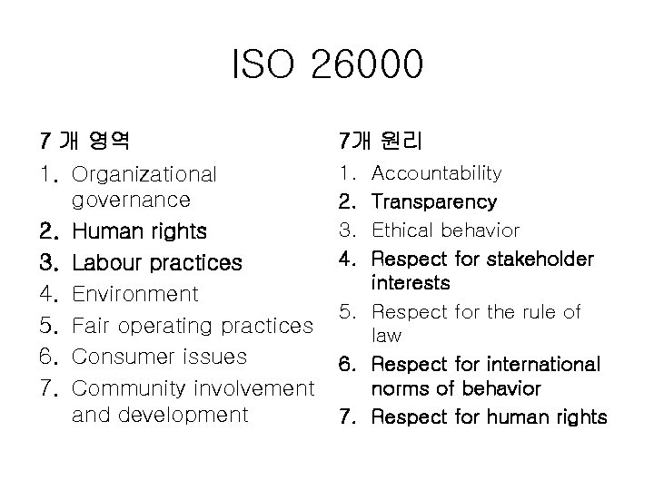 ISO 26000 7 개 영역 7개 원리 1. Organizational governance 2. Human rights 3.